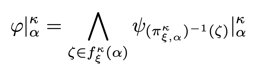 Formula defining the restriction of an infinitary formula phi to alpha as a conjunction of restrictions of formulas psi
