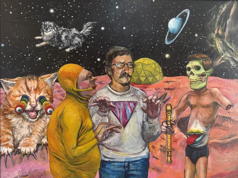 Painting of Brent Cody by Amanda Blackmon: he stands on a pink planet under a starry sky, surrounded by surreal companions